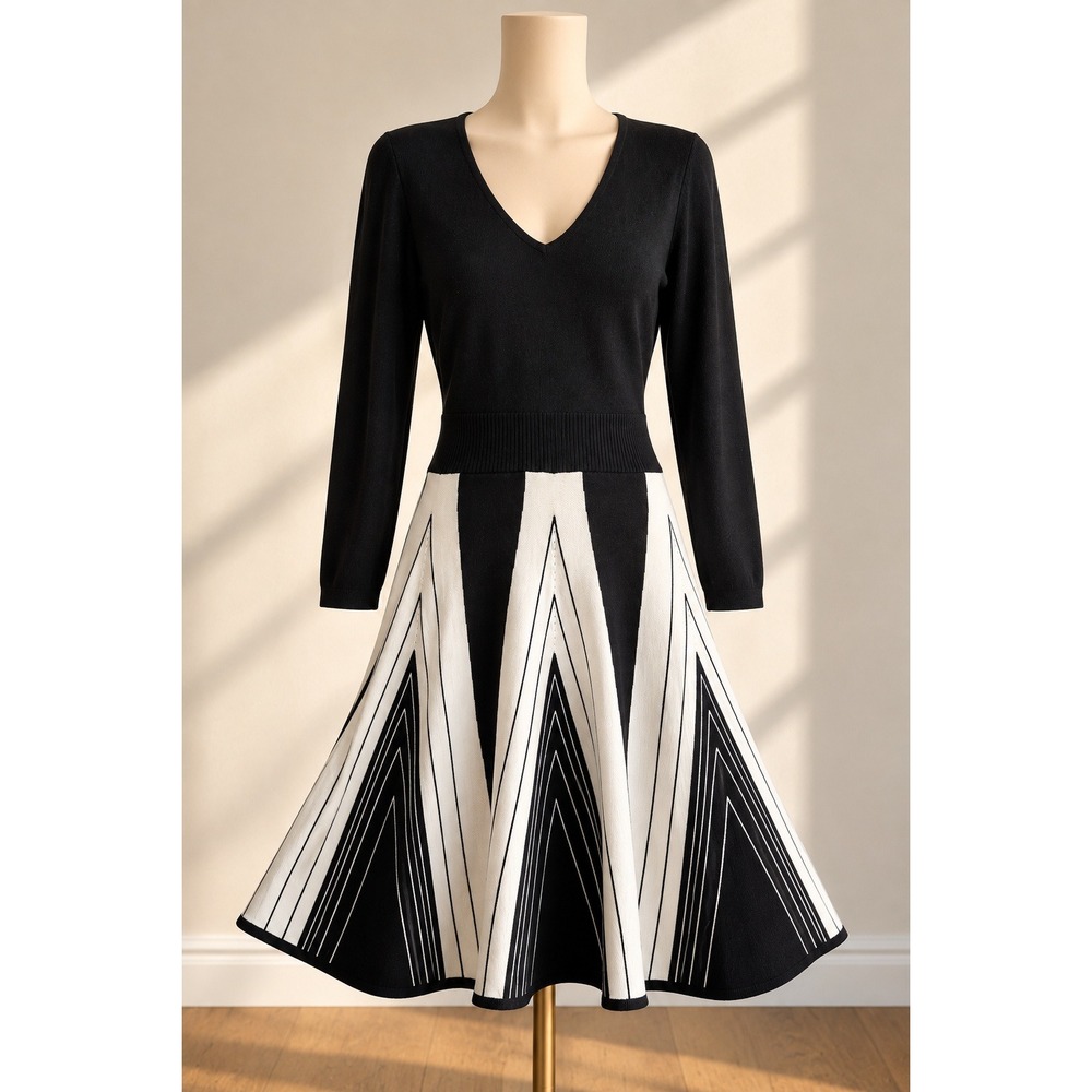 Neiman Marcus Black Ivory Geometric Knit Midi Dress Size L Fit & Flare